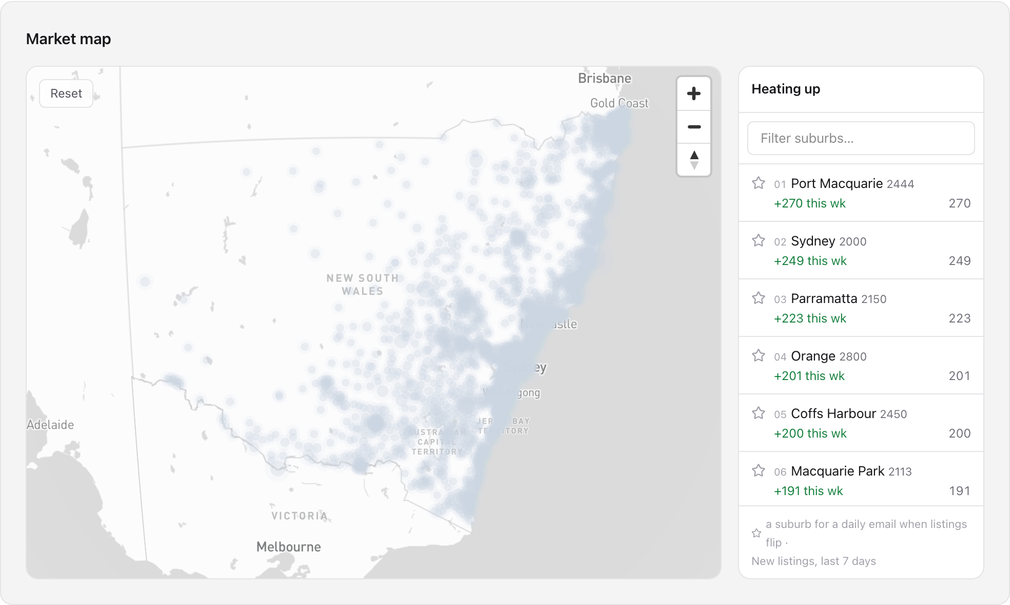 blipton dashboard in light mode — live NSW market map with on-market addresses and the suburbs-heating-up ranking