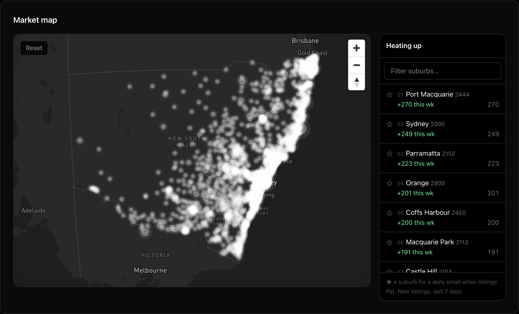 blipton dashboard — live NSW market map: every on-market address as a pulsing dot, with a suburbs-heating-up ranking architects, developers and interior designers use to time site acquisition and outreach